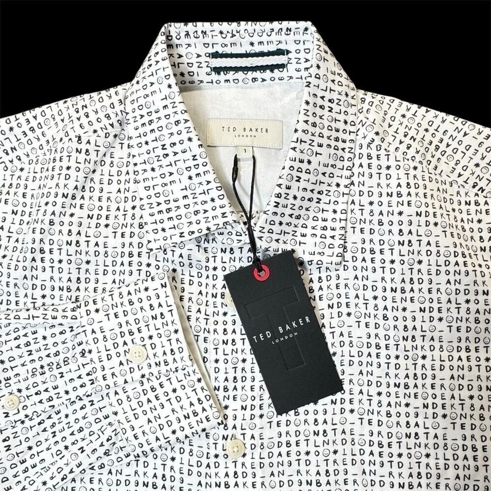 NWT Ted Baker Sz XS  Digby All Over Text Print Button Down Woven Shirt AOP $160